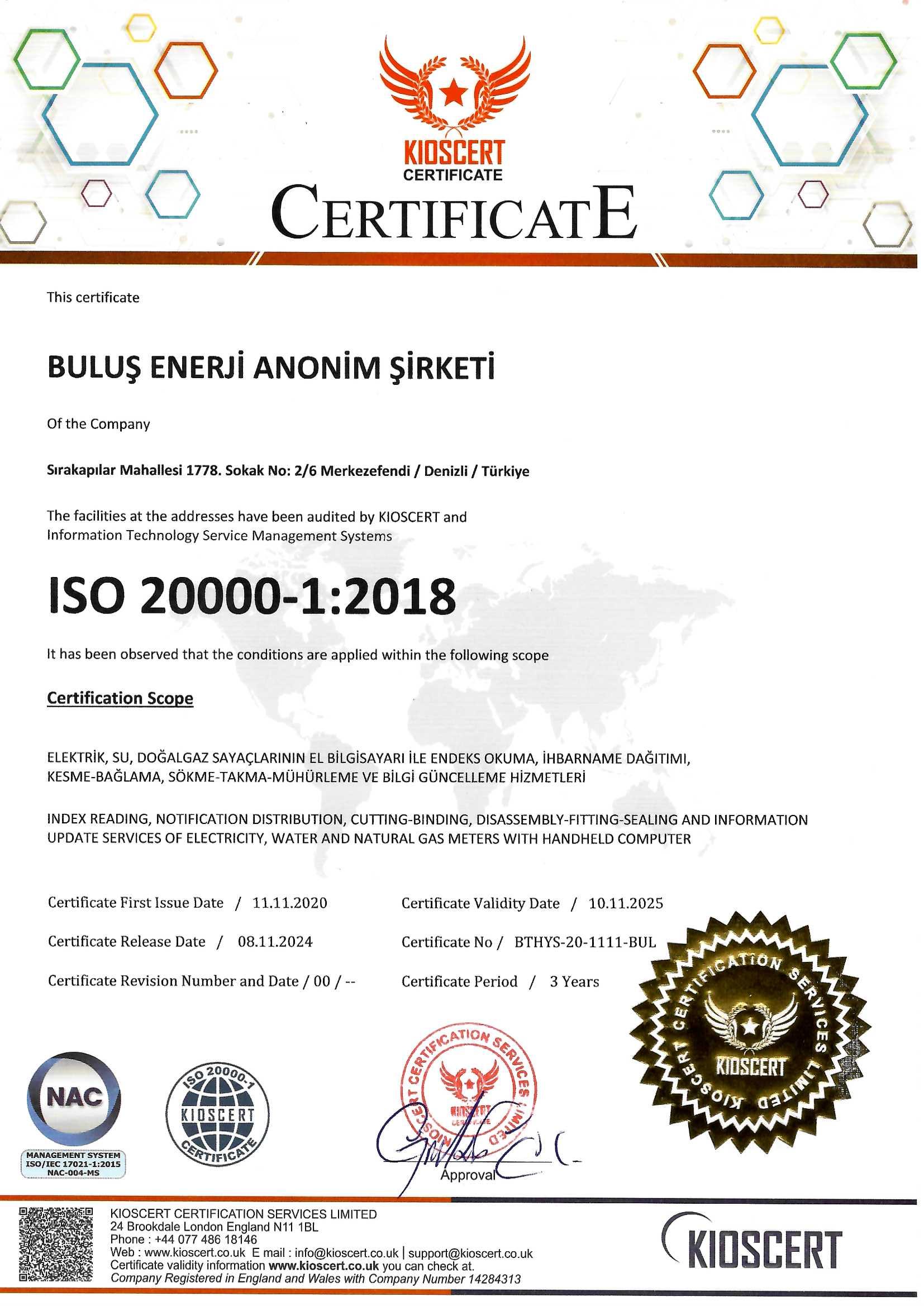 ISO 20000-1:2018 Elektrik Sayaçları Okuma-Kesme-Açma vs İşler