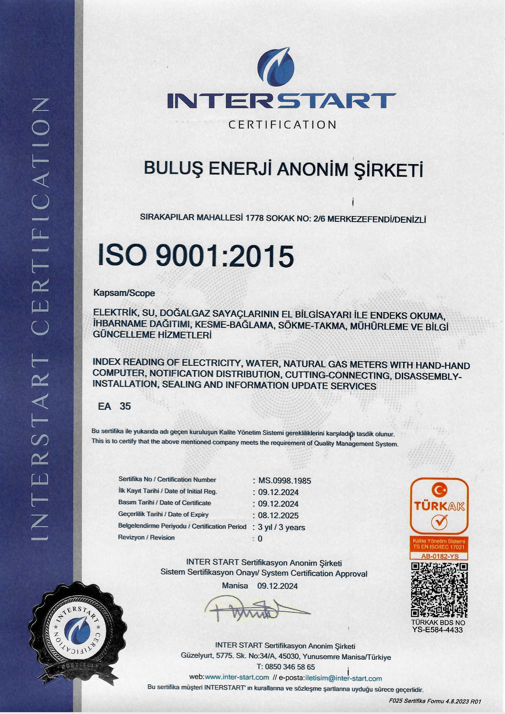 ISO 9001:2015 Kalite Yönetim Sistemi